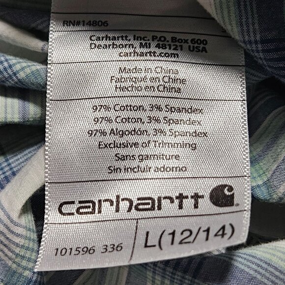 Carhartt Button Up Shirt Womens Size Large Blue White Plaid Roll-Tab Sleeves - Picture 9 of 9
